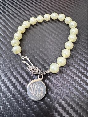 Vintage Faux Pearl Beaded Bracelet Monogram Charm Silver Tone Hook Clasp